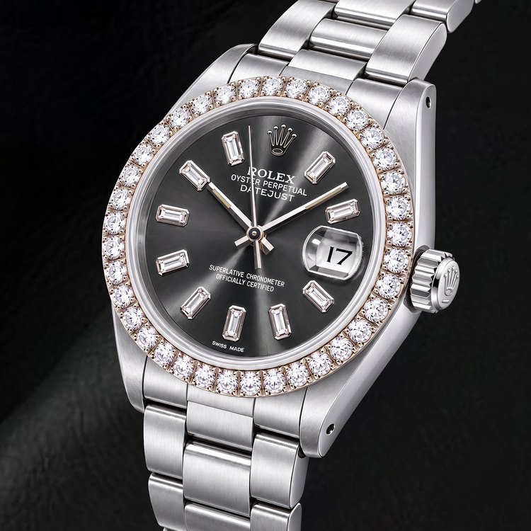 Montre Rolex Datejust 16014 36 mm Acier Inoxydable Cadran Gris Diamants Baguette