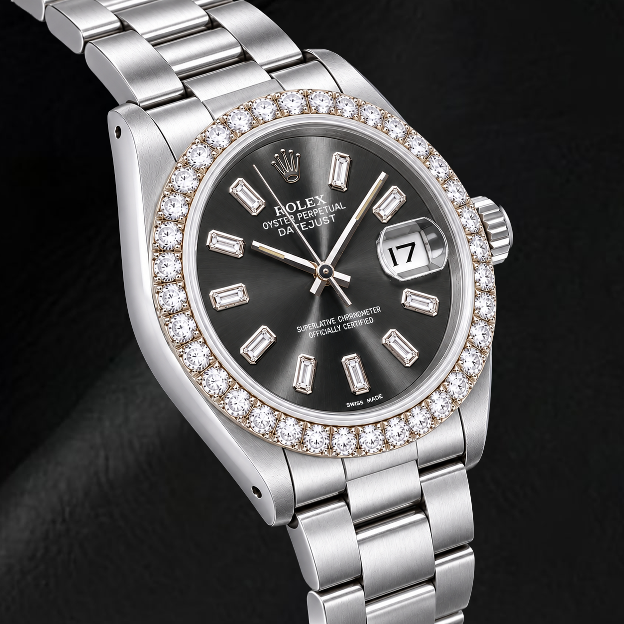 Montre Rolex Datejust 16014 36 mm Acier Inoxydable Cadran Gris Diamants Baguette