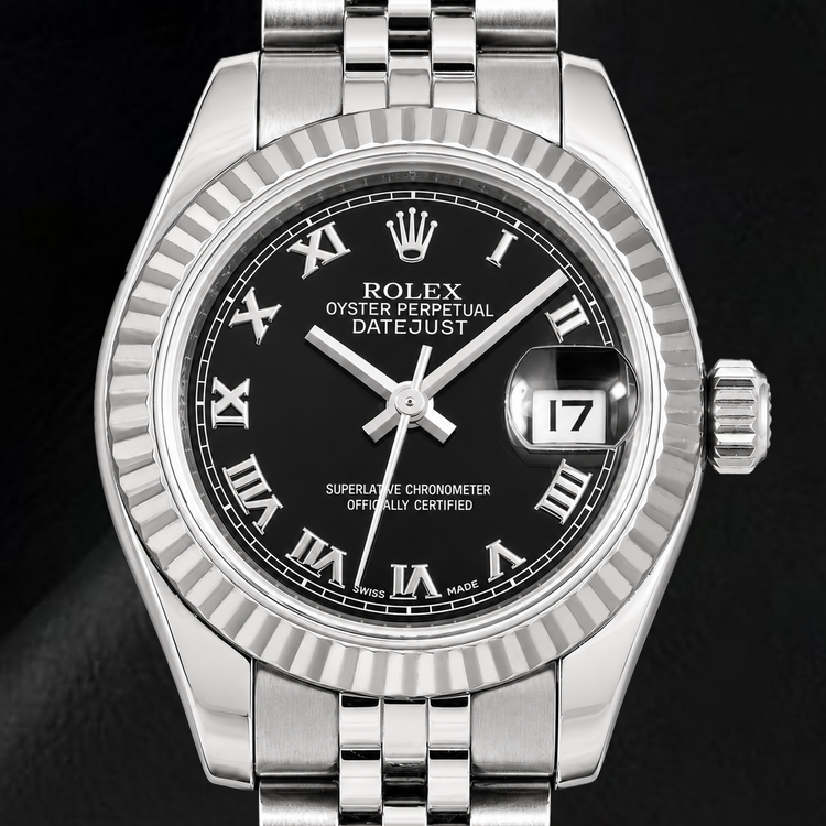 Montre Rolex Datejust 179174 26 mm en Acier Inoxydable Cadran Noir à Chiffres Romains