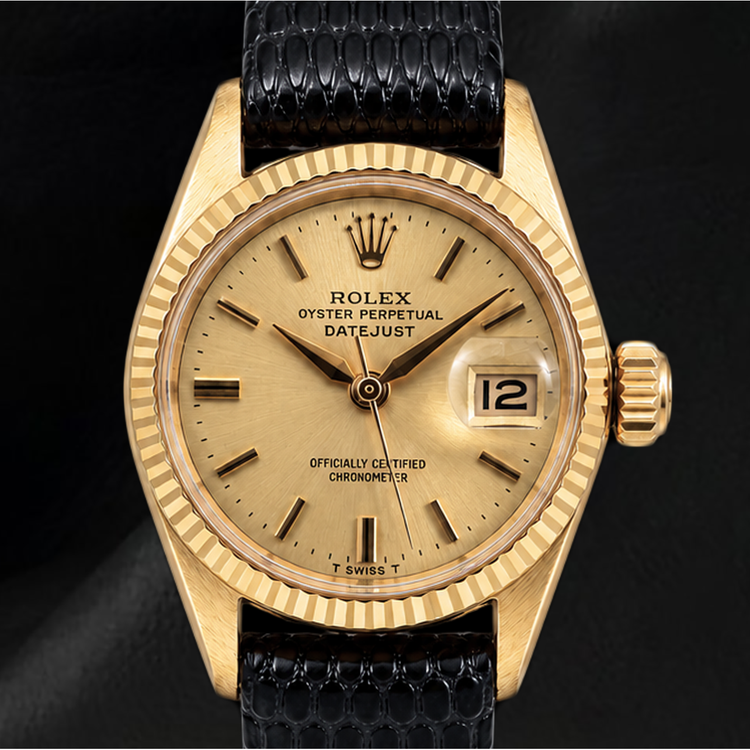 Montre Rolex Datejust 26 mm 6517 Cadran Champagne Or Jaune et Bracelet en Cuir Noir