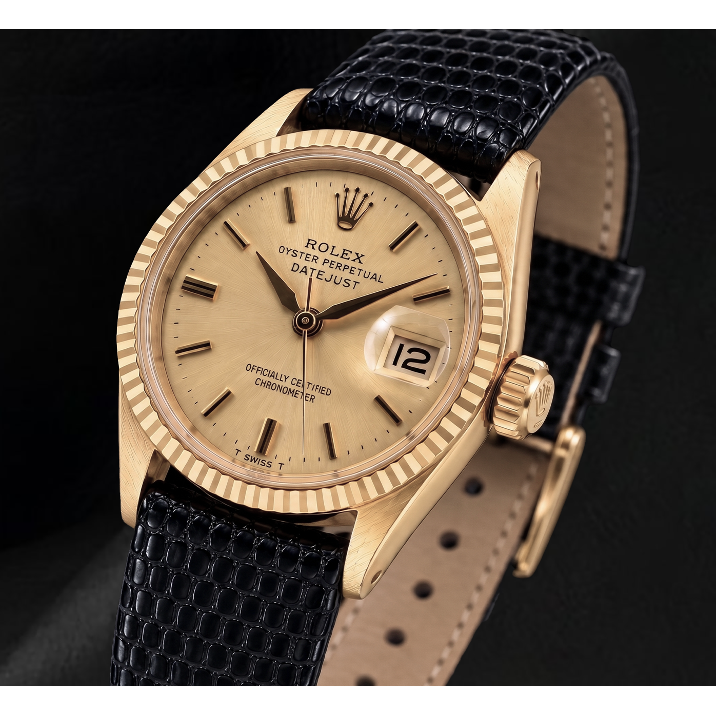 Montre Rolex Datejust 26 mm 6517 Cadran Champagne Or Jaune et Bracelet en Cuir Noir