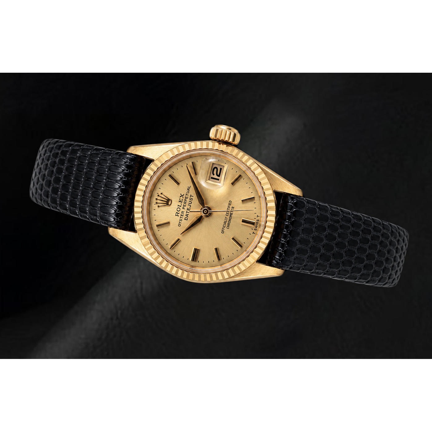 Montre Rolex Datejust 26 mm 6517 Cadran Champagne Or Jaune et Bracelet en Cuir Noir