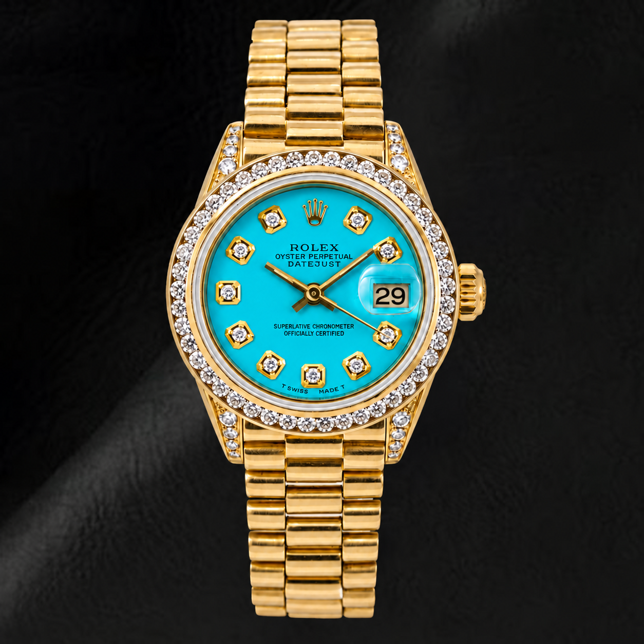 Montre Rolex Datejust 26 mm 6917 en Or Jaune Cadran Diamants Turquoise