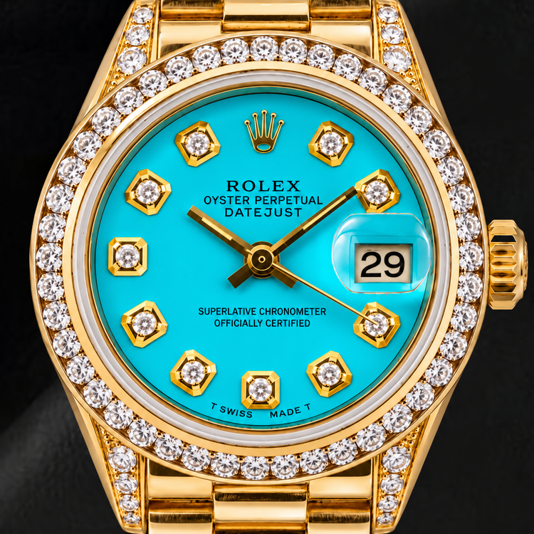 Montre Rolex Datejust 26 mm 6917 en Or Jaune Cadran Diamants Turquoise