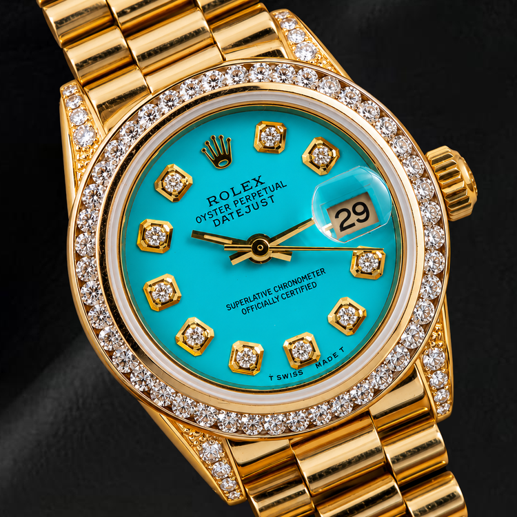 Montre Rolex Datejust 26 mm 6917 en Or Jaune Cadran Diamants Turquoise