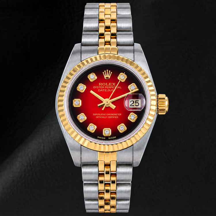Montre Rolex Datejust 26 mm 69173 Bicolore Cadran Diamants Rouge Lunette Cannelée
