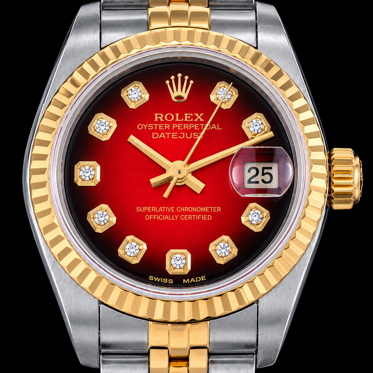 Montre Rolex Datejust 26 mm 69173 Bicolore Cadran Diamants Rouge Lunette Cannelée