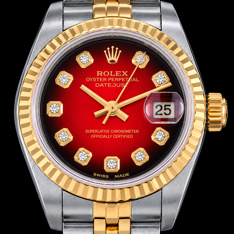 Montre Rolex Datejust 26 mm 69173 Bicolore Cadran Diamants Rouge Lunette Cannelée