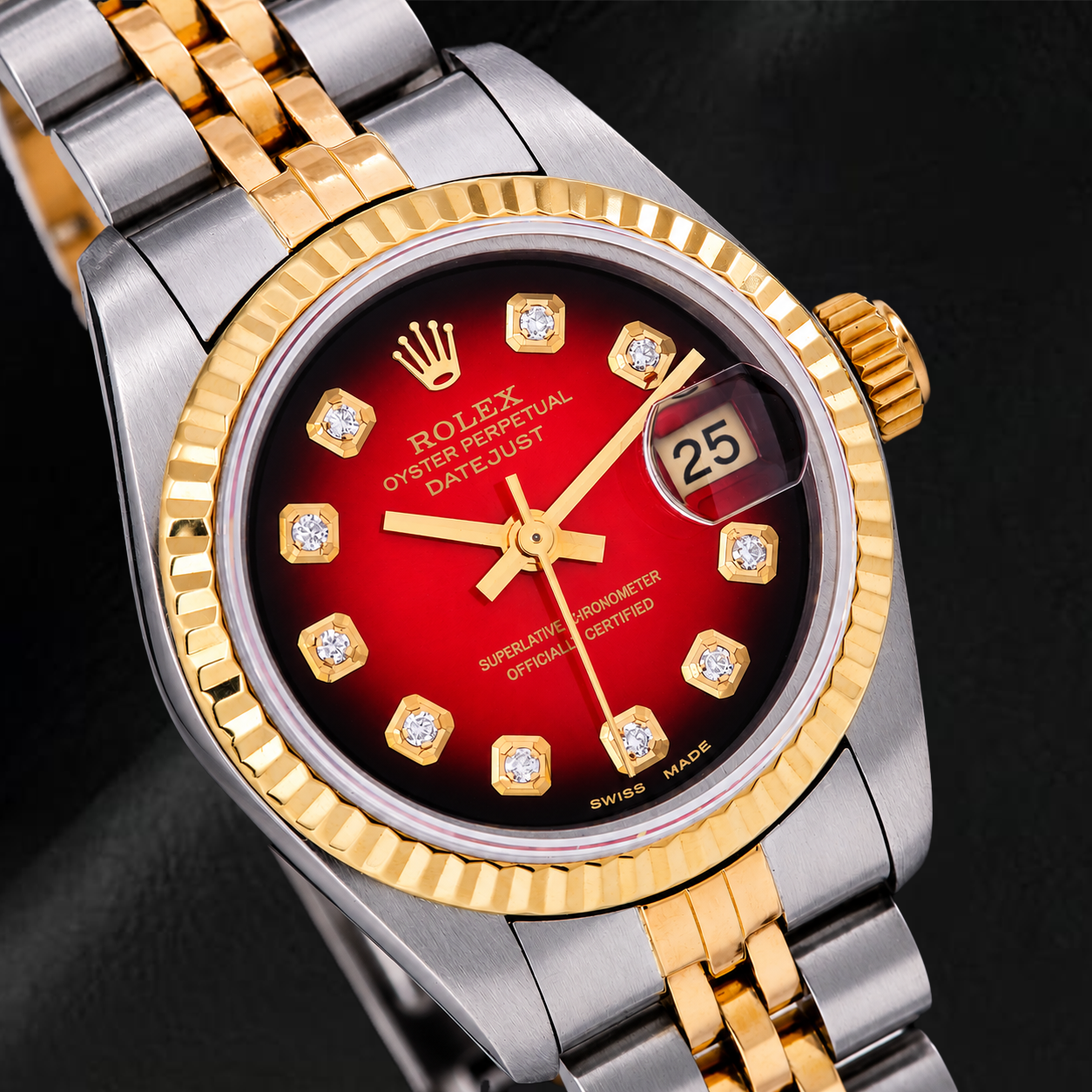 Montre Rolex Datejust 26 mm 69173 Bicolore Cadran Diamants Rouge Lunette Cannelée