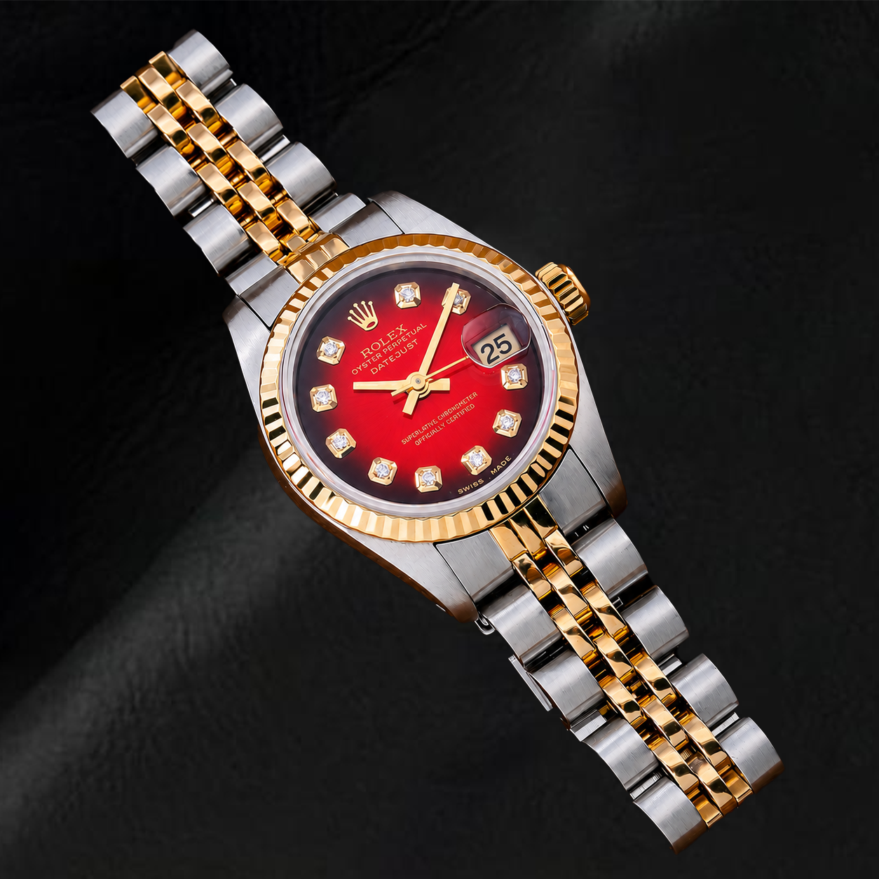Montre Rolex Datejust 26 mm 69173 Bicolore Cadran Diamants Rouge Lunette Cannelée