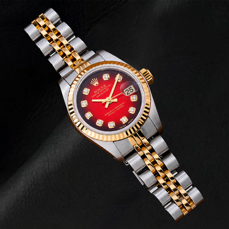 Montre Rolex Datejust 26 mm 69173 Bicolore Cadran Diamants Rouge Lunette Cannelée