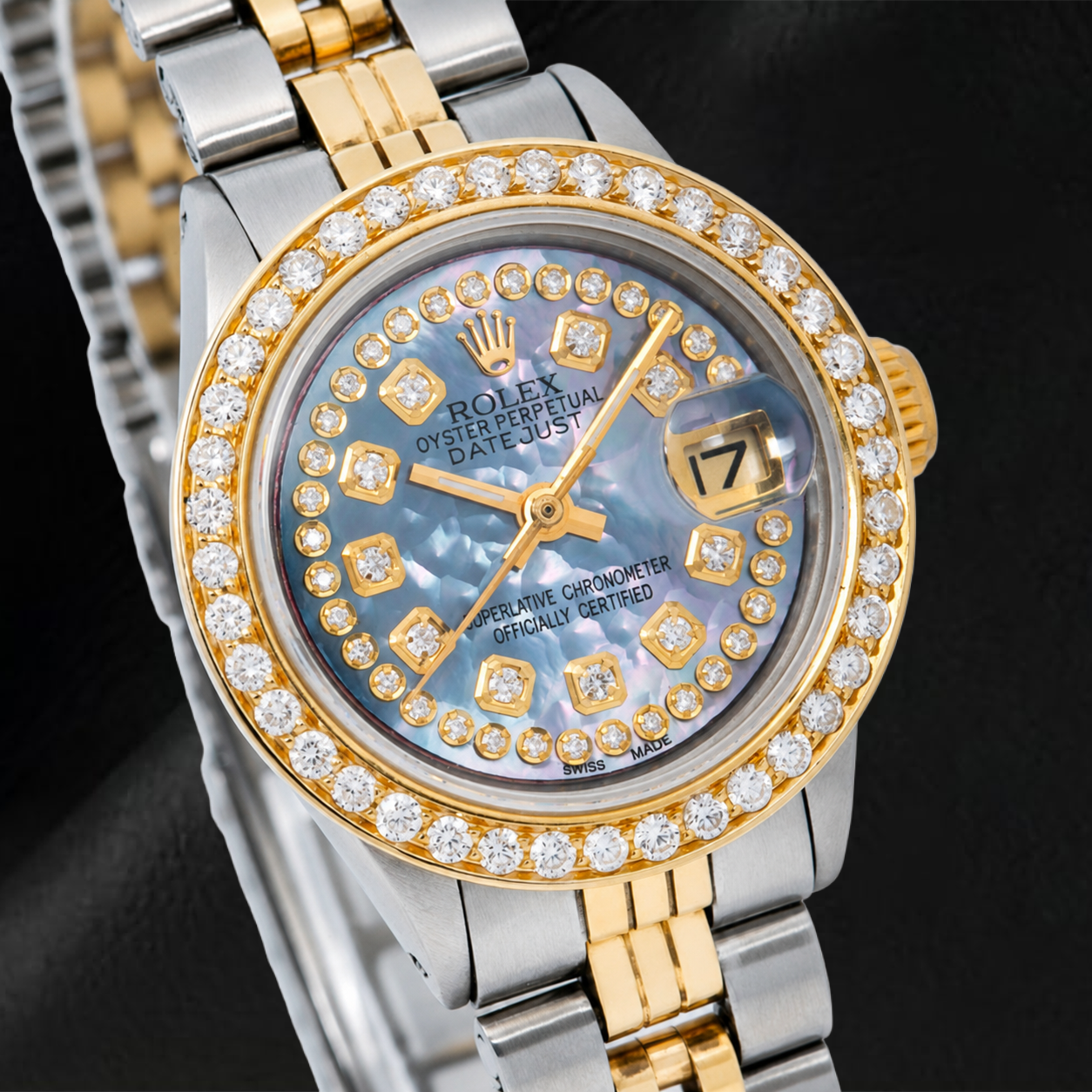 Montre Rolex Datejust 26 mm Bicolore, Cadran Diamants en Nacre Bleue avec Rang de Diamants, Bracelet Jubilé