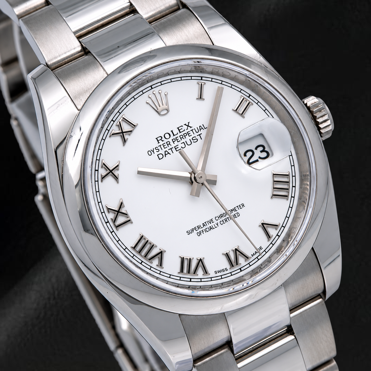 Montre Rolex Datejust 36 mm 116200 Cadran Blanc à Chiffres Romains Lunette Lisse