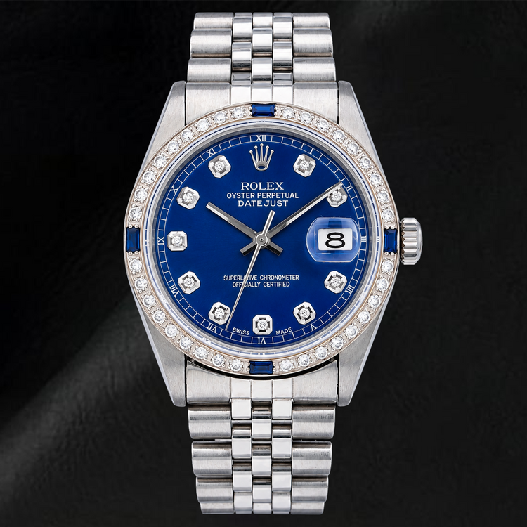 Montre Rolex Datejust 36 mm 1601 en Acier Inoxydable Cadran Diamants Bleu Lunette Diamants