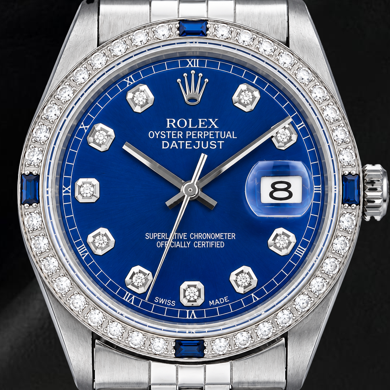 Montre Rolex Datejust 36 mm 1601 en Acier Inoxydable Cadran Diamants Bleu Lunette Diamants