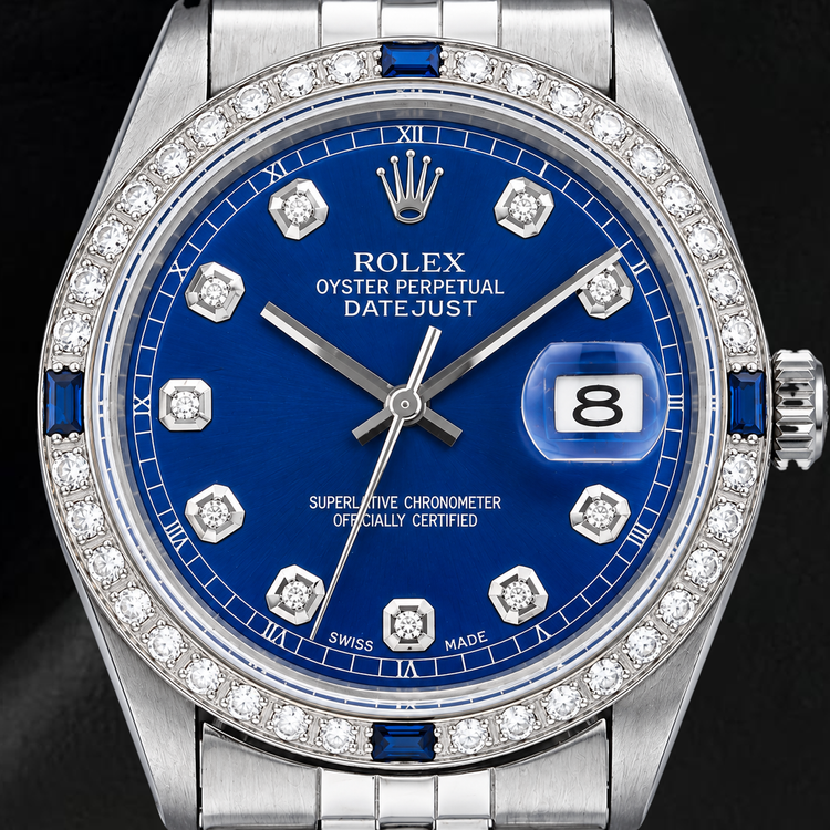 Montre Rolex Datejust 36 mm 1601 en Acier Inoxydable Cadran Diamants Bleu Lunette Diamants