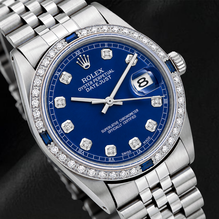 Montre Rolex Datejust 36 mm 1601 en Acier Inoxydable Cadran Diamants Bleu Lunette Diamants