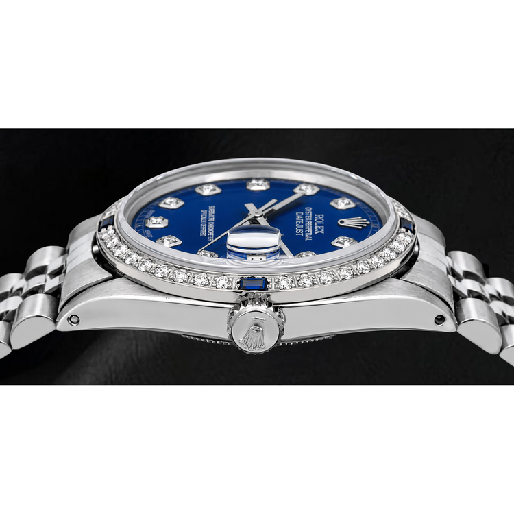 Montre Rolex Datejust 36 mm 1601 en Acier Inoxydable Cadran Diamants Bleu Lunette Diamants