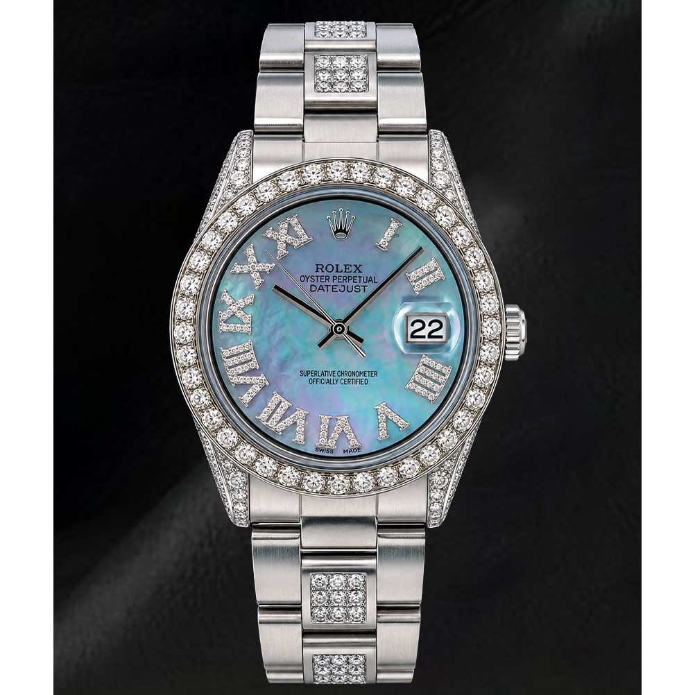 Montre Rolex Datejust 36 mm 1601 en Acier Inoxydable Cadran Diamants en Nacre Bleue Chiffres Romains