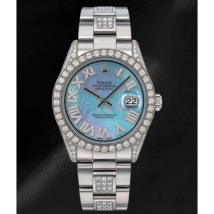 Montre Rolex Datejust 36 mm 1601 en Acier Inoxydable Cadran Diamants en Nacre Bleue Chiffres Romains