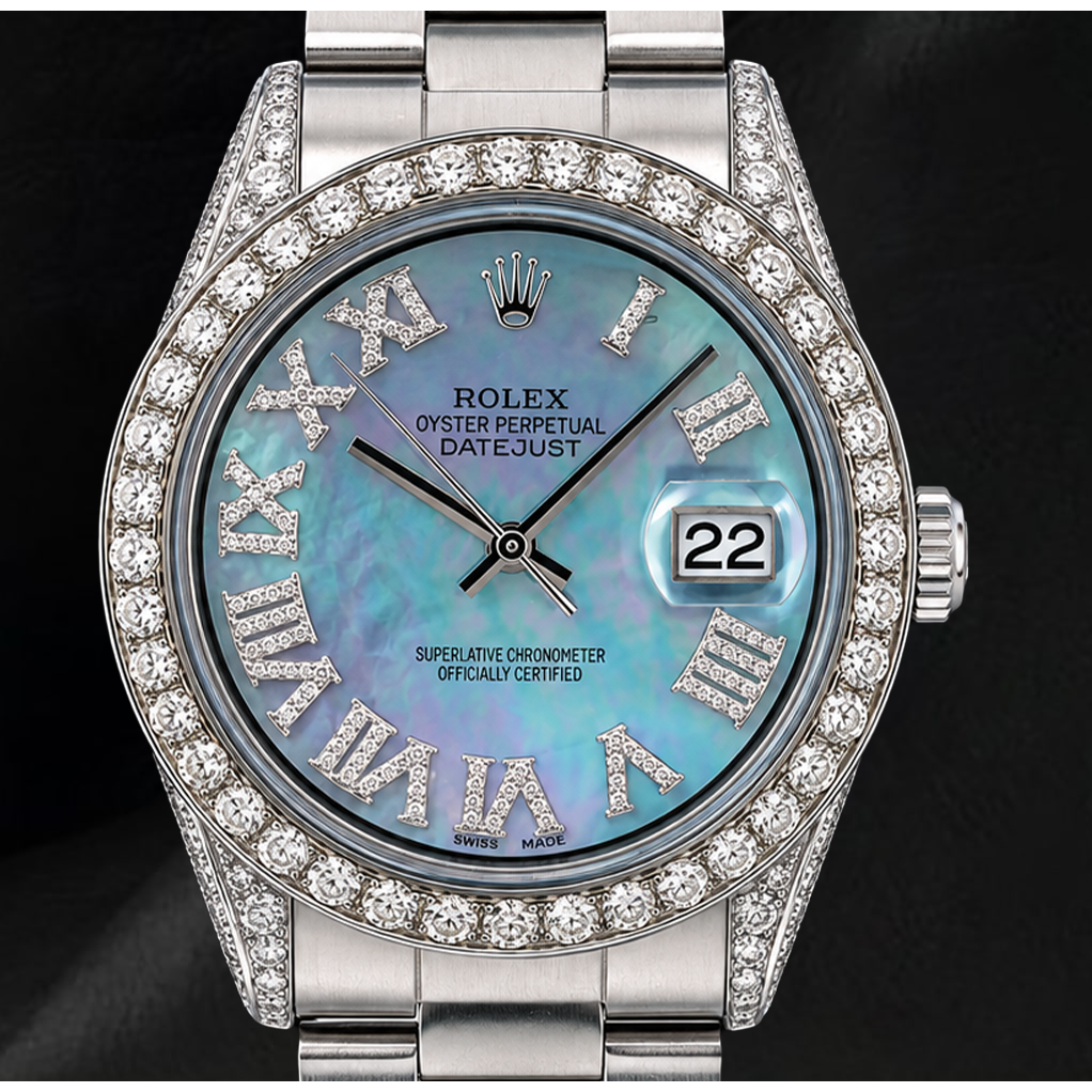 Montre Rolex Datejust 36 mm 1601 en Acier Inoxydable Cadran Diamants en Nacre Bleue Chiffres Romains