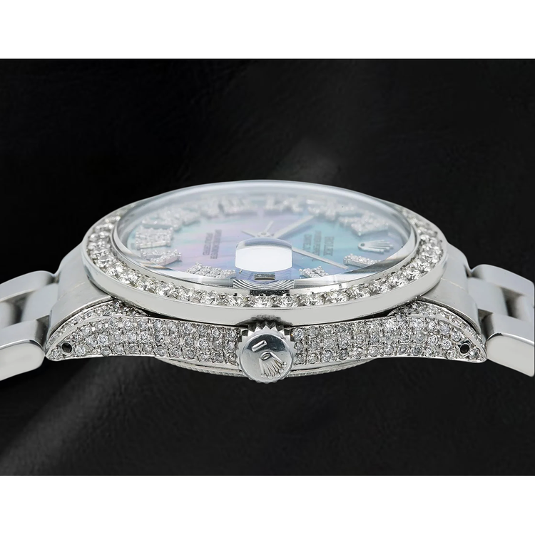 Montre Rolex Datejust 36 mm 1601 en Acier Inoxydable Cadran Diamants en Nacre Bleue Chiffres Romains