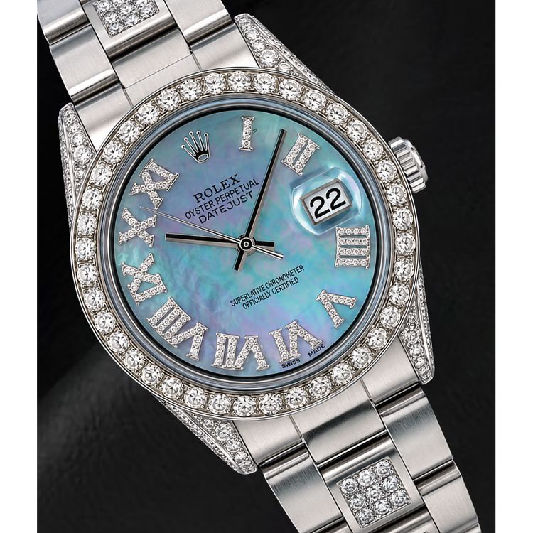 Montre Rolex Datejust 36 mm 1601 en Acier Inoxydable Cadran Diamants en Nacre Bleue Chiffres Romains