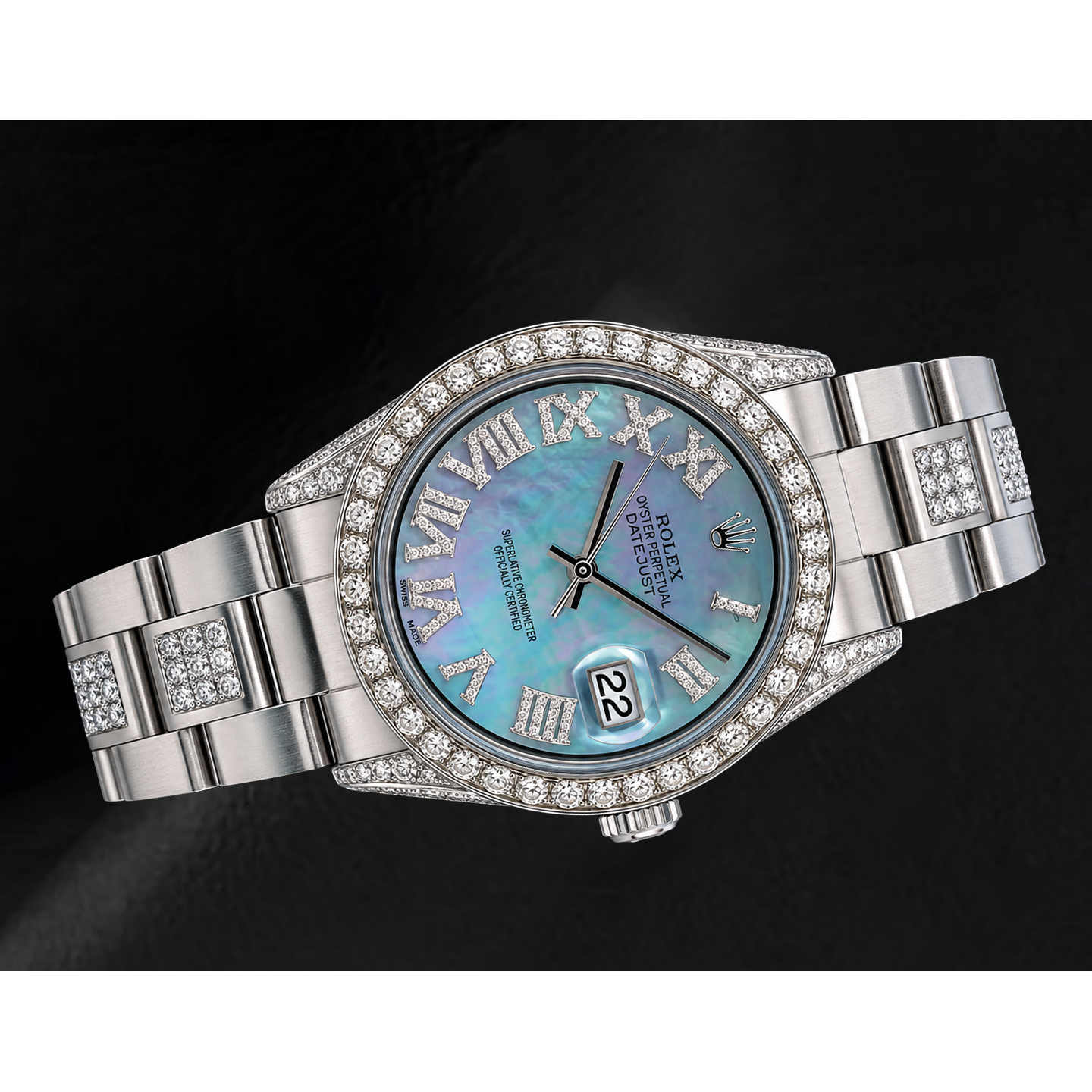 Montre Rolex Datejust 36 mm 1601 en Acier Inoxydable Cadran Diamants en Nacre Bleue Chiffres Romains