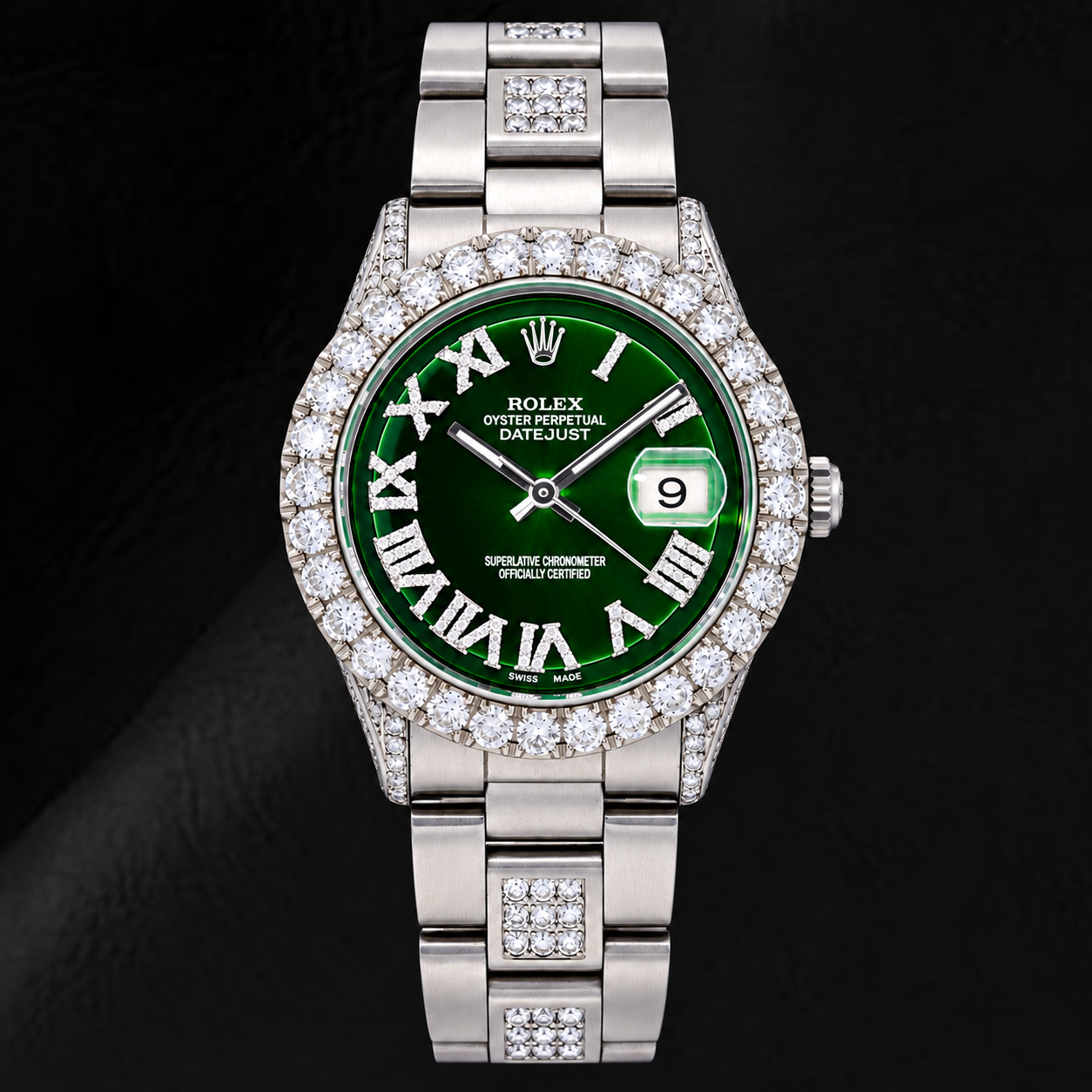 Montre Rolex Datejust 36 mm 6605 en Acier Inoxydable, Cadran Diamants Vert à Chiffres Romains, Lunette Diamants