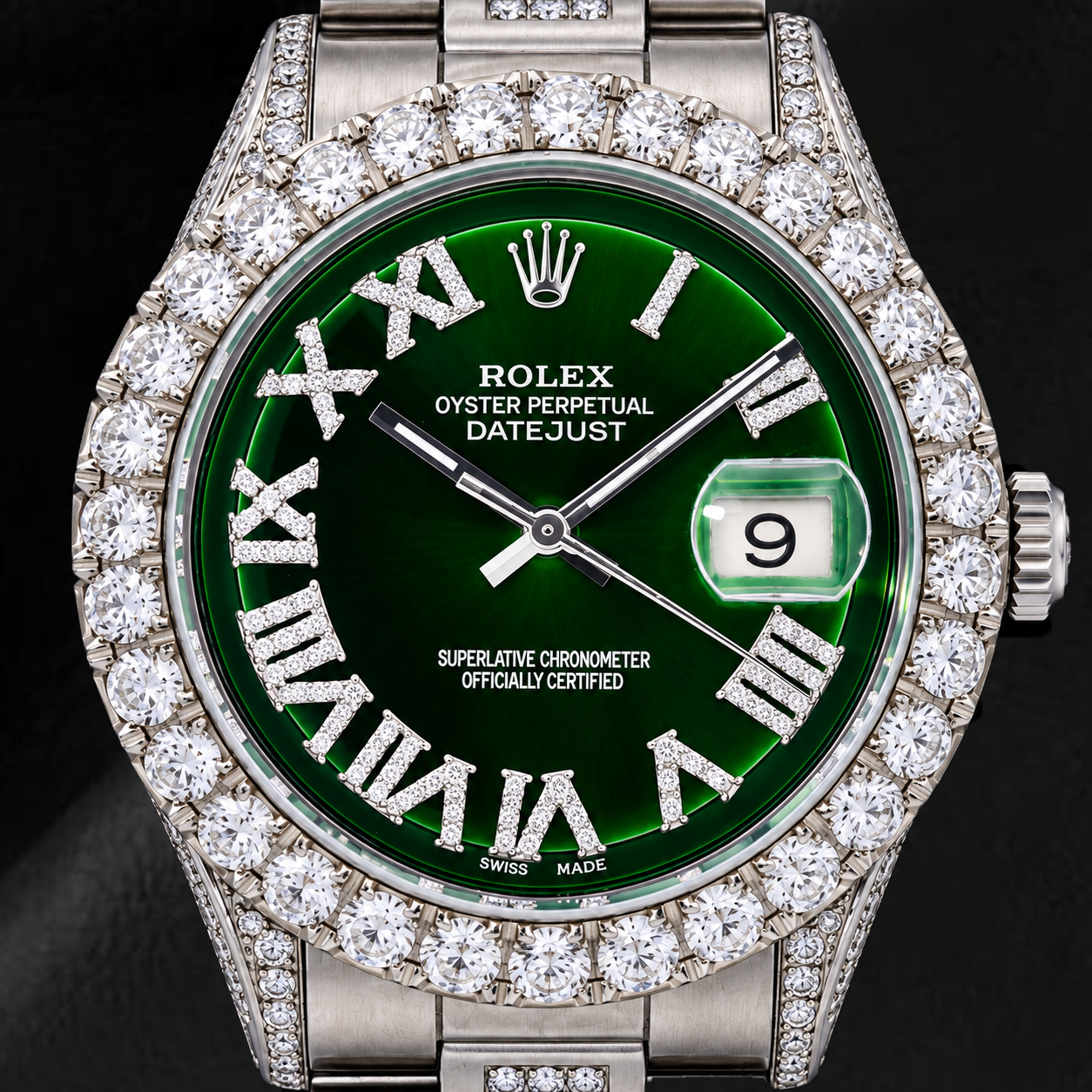 Montre Rolex Datejust 36 mm 6605 en Acier Inoxydable, Cadran Diamants Vert à Chiffres Romains, Lunette Diamants