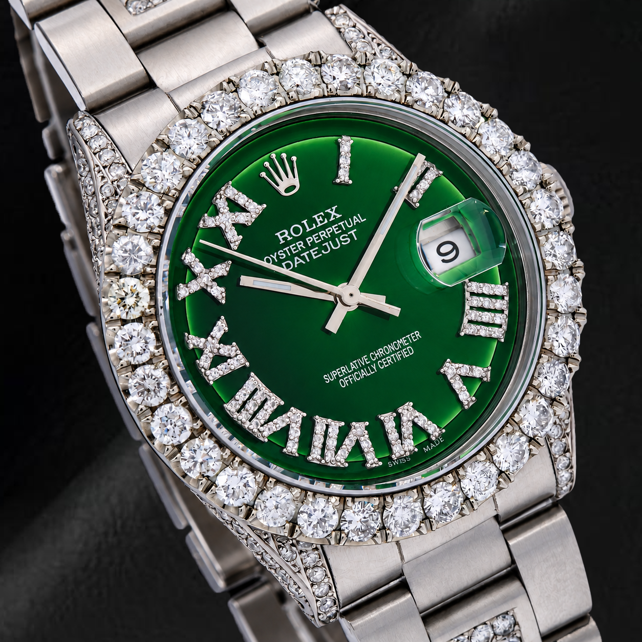 Montre Rolex Datejust 36 mm 6605 en Acier Inoxydable, Cadran Diamants Vert à Chiffres Romains, Lunette Diamants