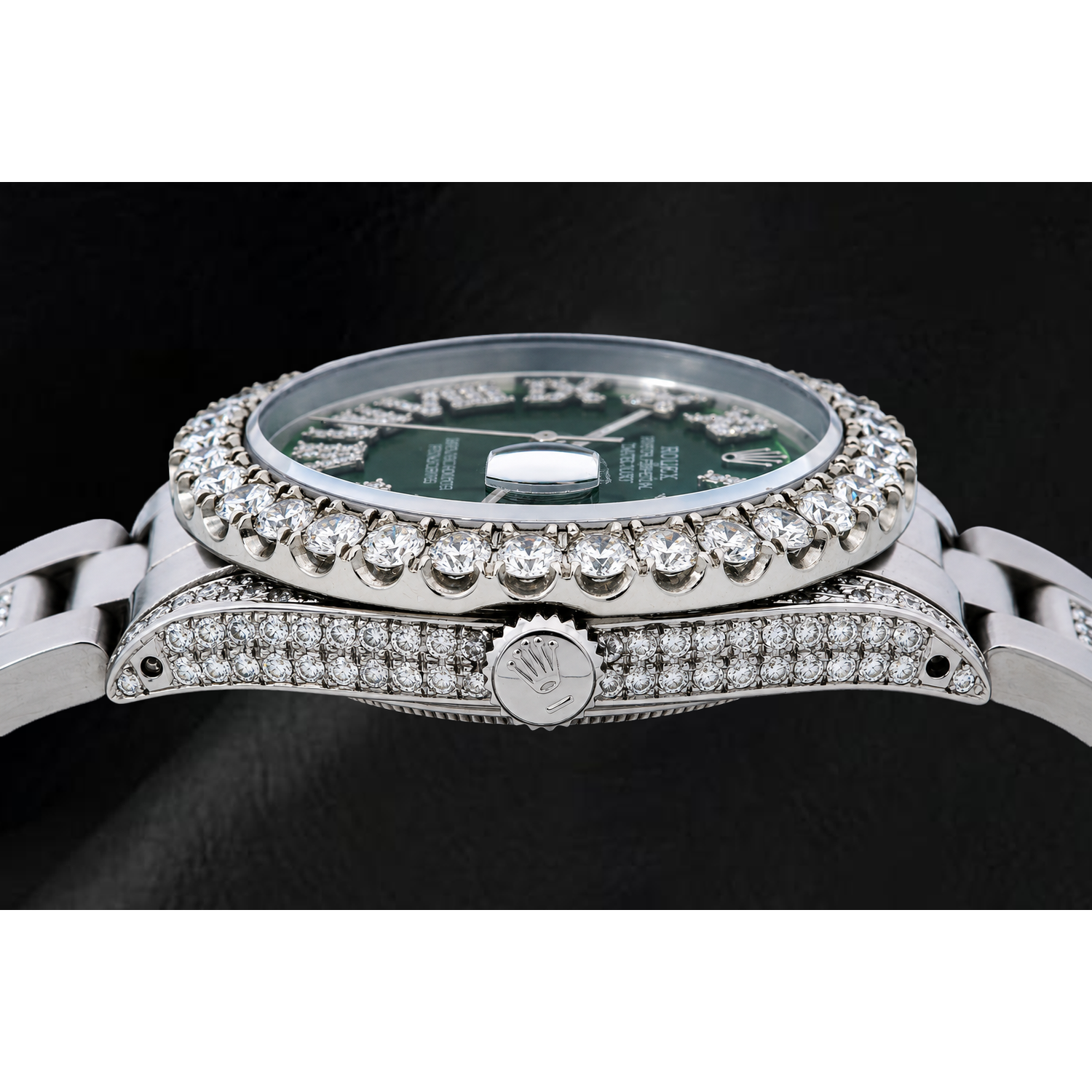 Montre Rolex Datejust 36 mm 6605 en Acier Inoxydable, Cadran Diamants Vert à Chiffres Romains, Lunette Diamants