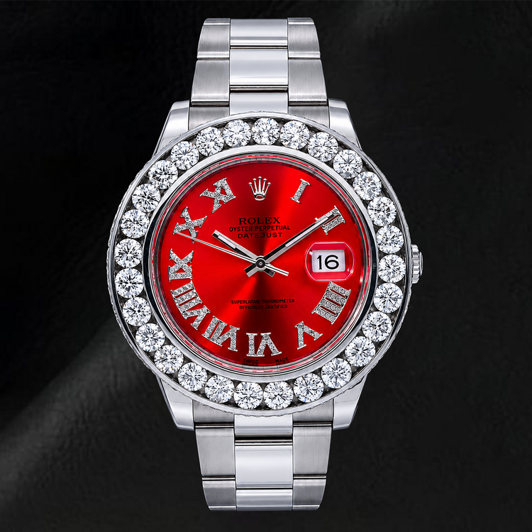 Montre Rolex Datejust 41 mm 116300 Cadran Diamants Chiffres Romains Rouges Lunette Diamants