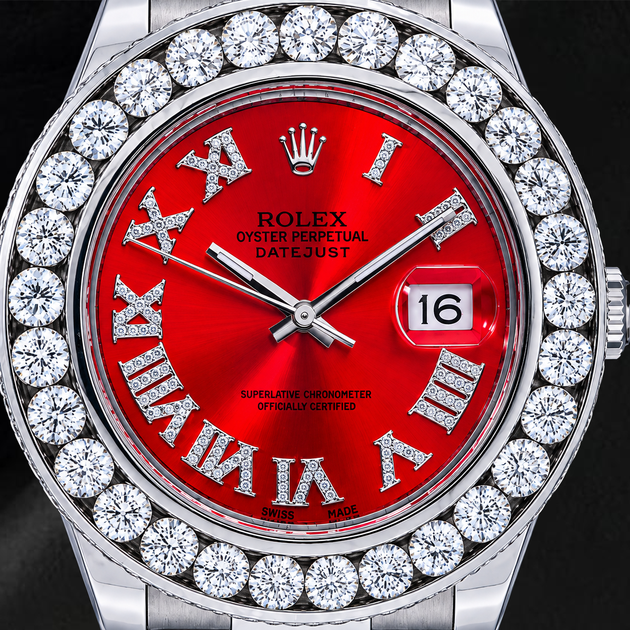 Montre Rolex Datejust 41 mm 116300 Cadran Diamants Chiffres Romains Rouges Lunette Diamants