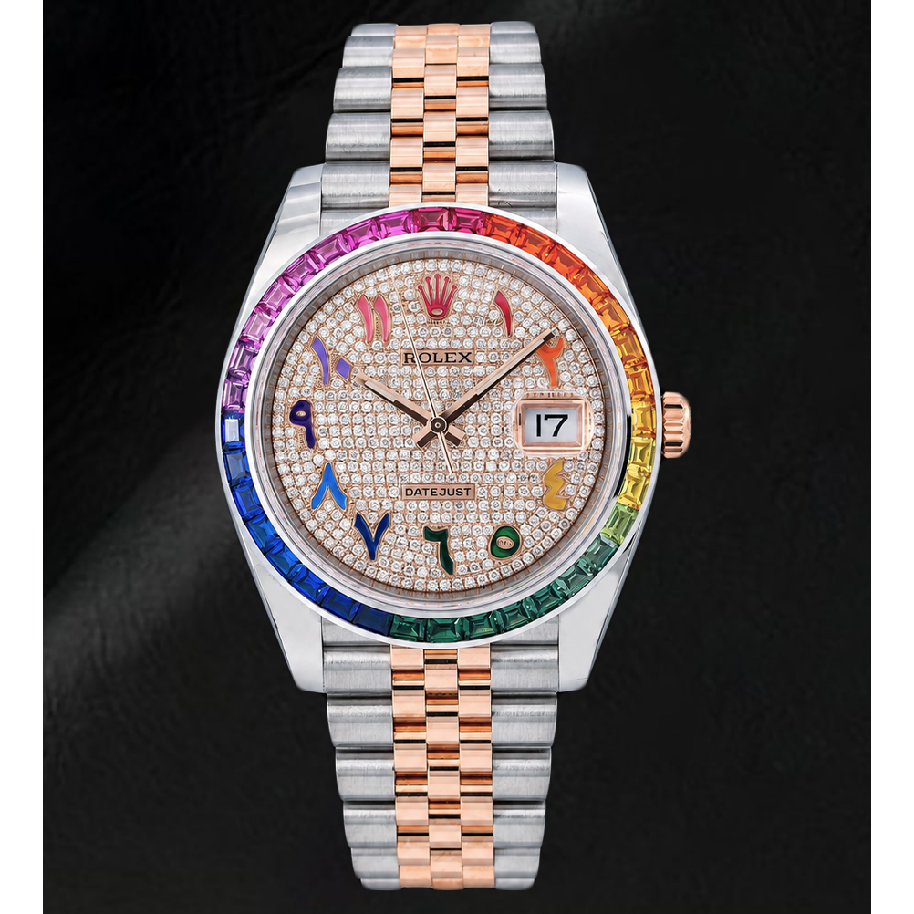 Montre Rolex Datejust 41 mm 126331 Bicolore Cadran Pavé de Diamants Chiffres Arabes Orientaux Arc-en-ciel