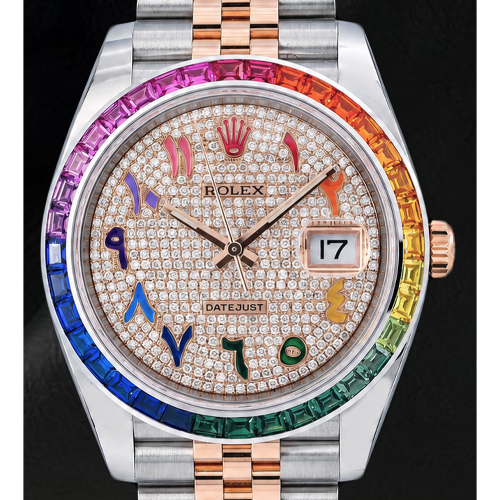Montre Rolex Datejust 41 mm 126331 Bicolore Cadran Pavé de Diamants Chiffres Arabes Orientaux Arc-en-ciel