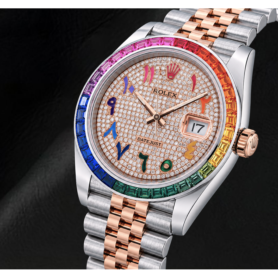 Montre Rolex Datejust 41 mm 126331 Bicolore Cadran Pavé de Diamants Chiffres Arabes Orientaux Arc-en-ciel