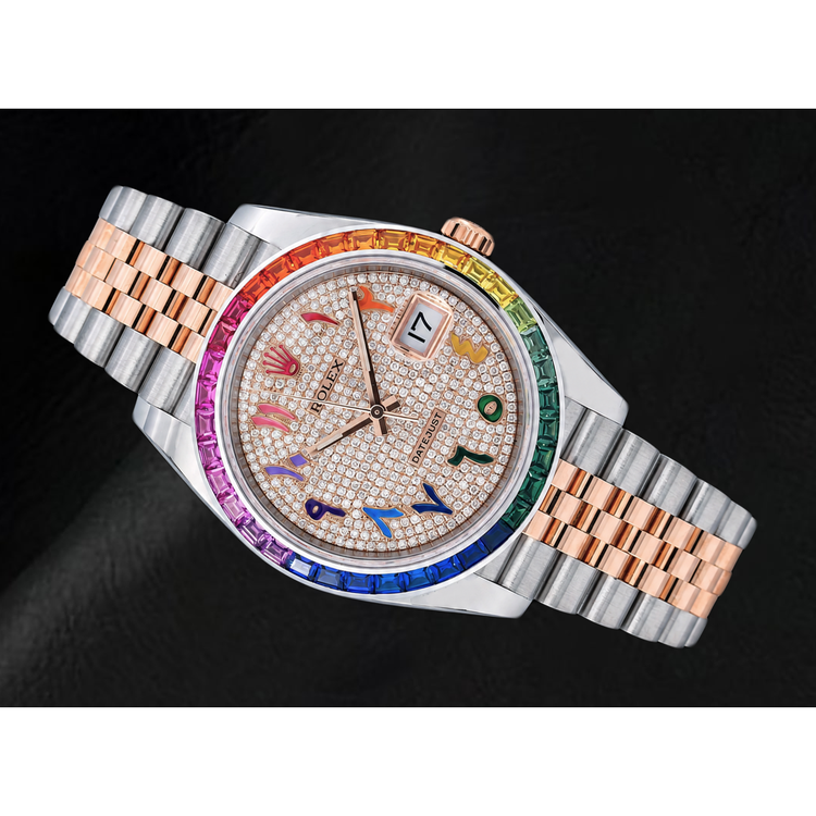 Montre Rolex Datejust 41 mm 126331 Bicolore Cadran Pavé de Diamants Chiffres Arabes Orientaux Arc-en-ciel