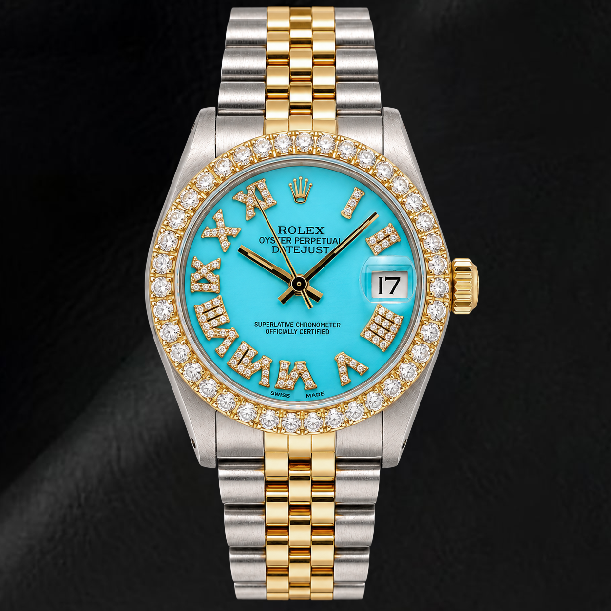 Montre Rolex Datejust 6827 31 mm Bicolore Cadran Diamants Turquoise Chiffres Romains