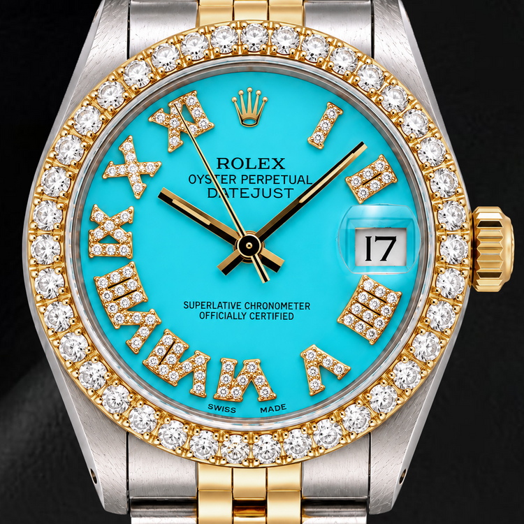 Montre Rolex Datejust 6827 31 mm Bicolore Cadran Diamants Turquoise Chiffres Romains
