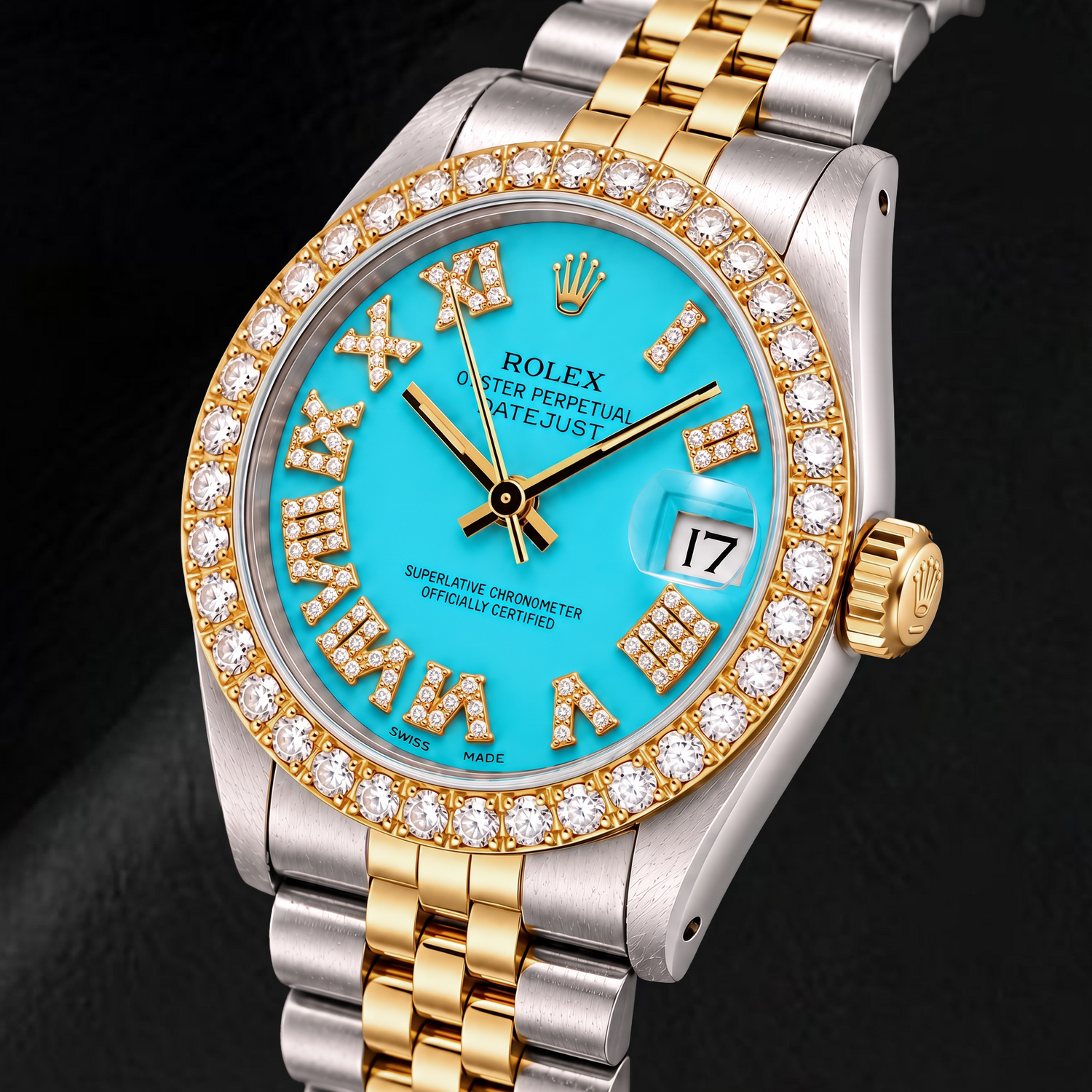 Montre Rolex Datejust 6827 31 mm Bicolore Cadran Diamants Turquoise Chiffres Romains