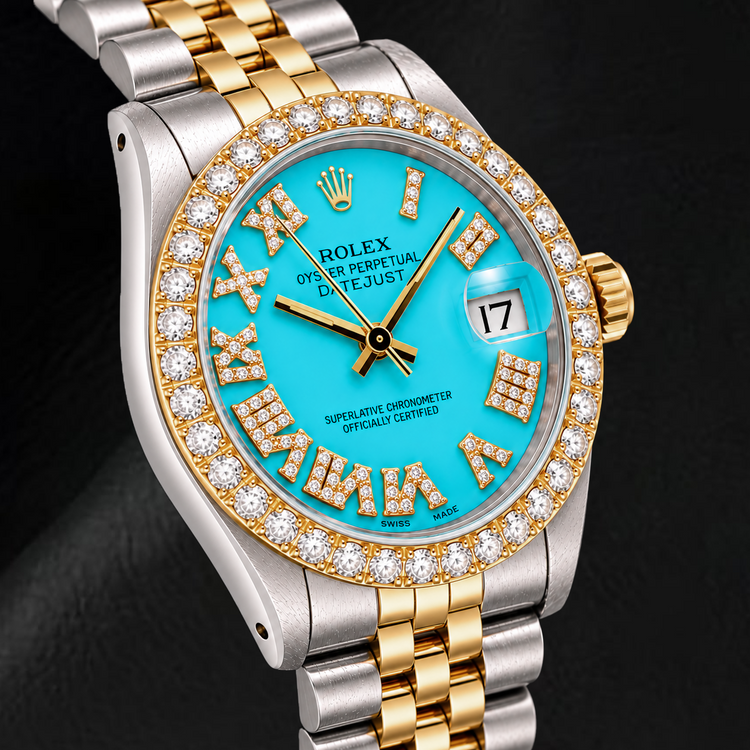 Montre Rolex Datejust 6827 31 mm Bicolore Cadran Diamants Turquoise Chiffres Romains