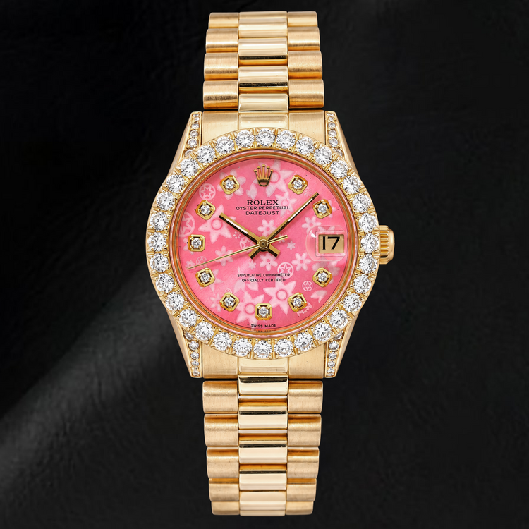 Montre Rolex Datejust 68278 31 mm en Or Jaune Cadran Diamants Floral Rose
