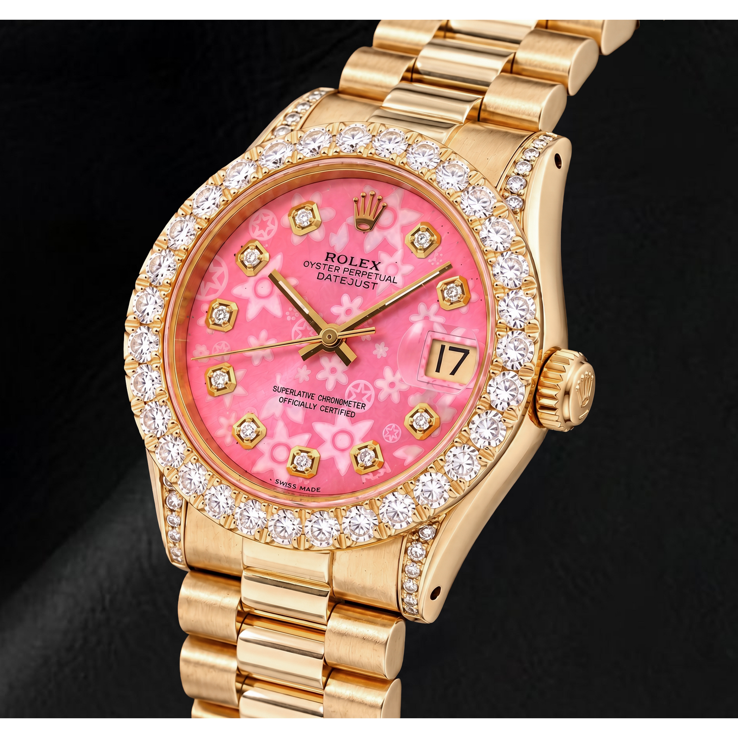 Montre Rolex Datejust 68278 31 mm en Or Jaune Cadran Diamants Floral Rose