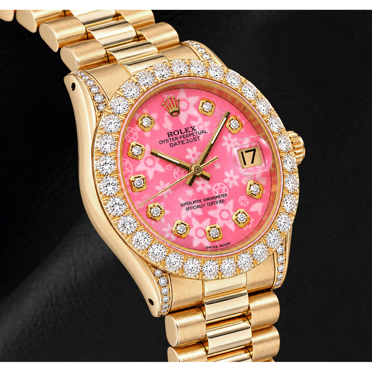 Montre Rolex Datejust 68278 31 mm en Or Jaune Cadran Diamants Floral Rose