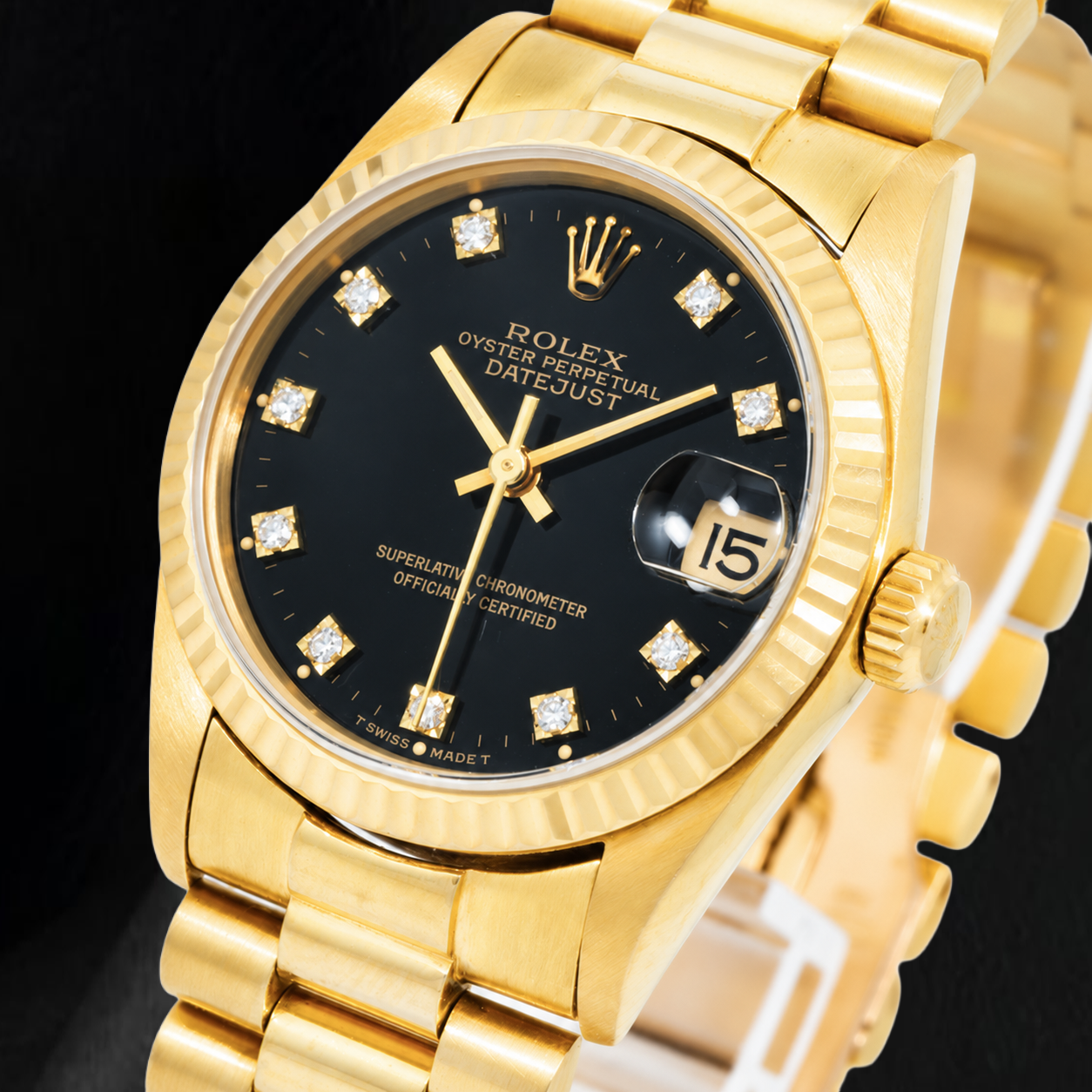 Montre Rolex Datejust 68278 31 mm en Or Jaune Cadran Diamants Noir d'origine