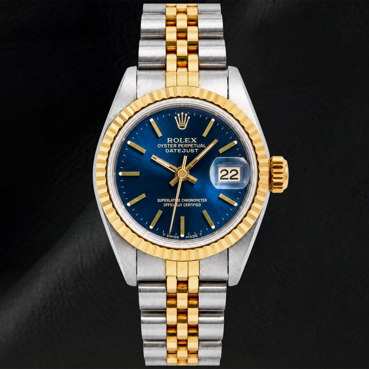 Montre Rolex Datejust 6917 26 mm Cadran Bleu à Index Bâtons Lunette Cannelée Bracelet Jubilé Bicolore