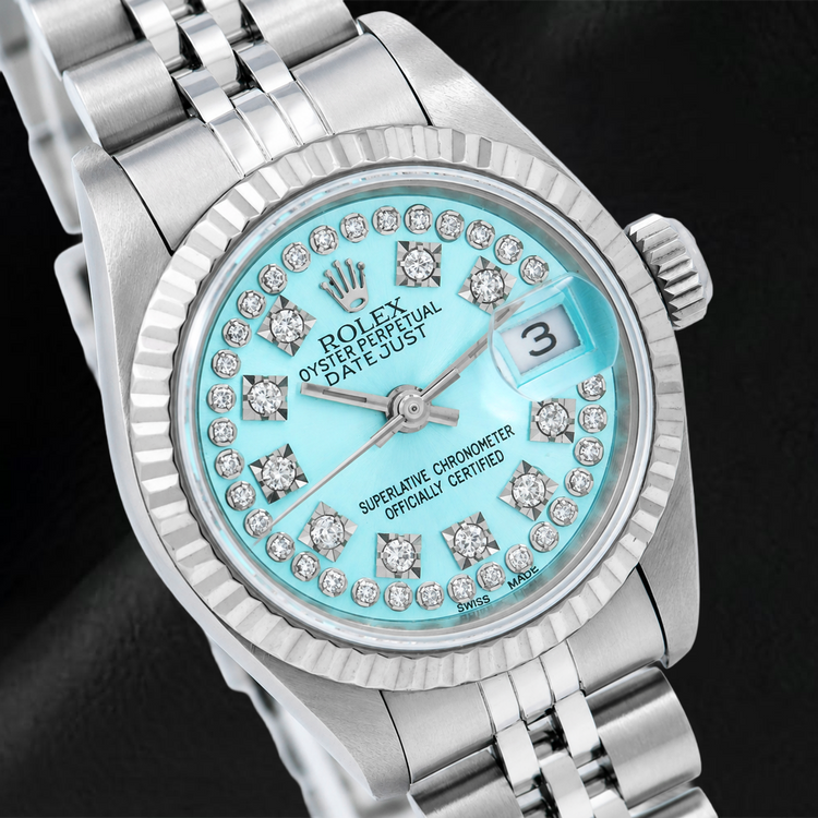 Montre Rolex Datejust 6917 26 mm Cadran Diamants Bleu Glacier en Ligne Acier Inoxydable Bracelet Jubilé