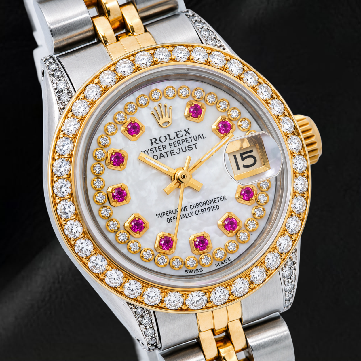 Montre Rolex Datejust 69173 26 mm Bicolore Cadran Diamants Liseré Nacre Blanche Bracelet Jubilé