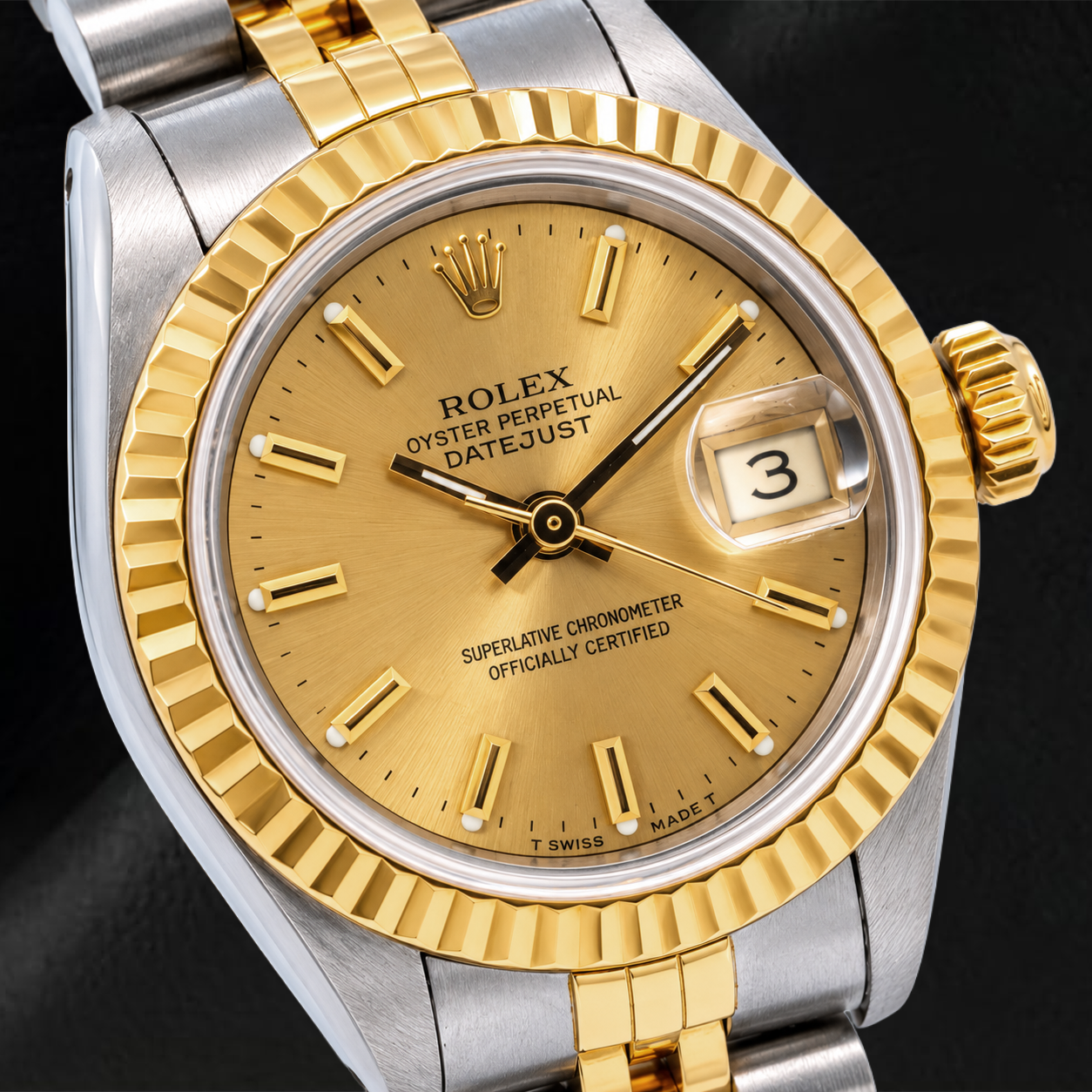 Montre Rolex Datejust 69173 26 mm Cadran Champagne à Index Bâtons Bracelet Jubilé Bicolore